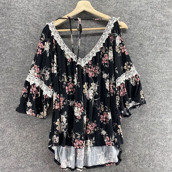 Always Indigo Blouse Women 3X Plus Black Floral V-Neck 3/4 Sleeve Tasseled Rayon - Picture 2 of 10